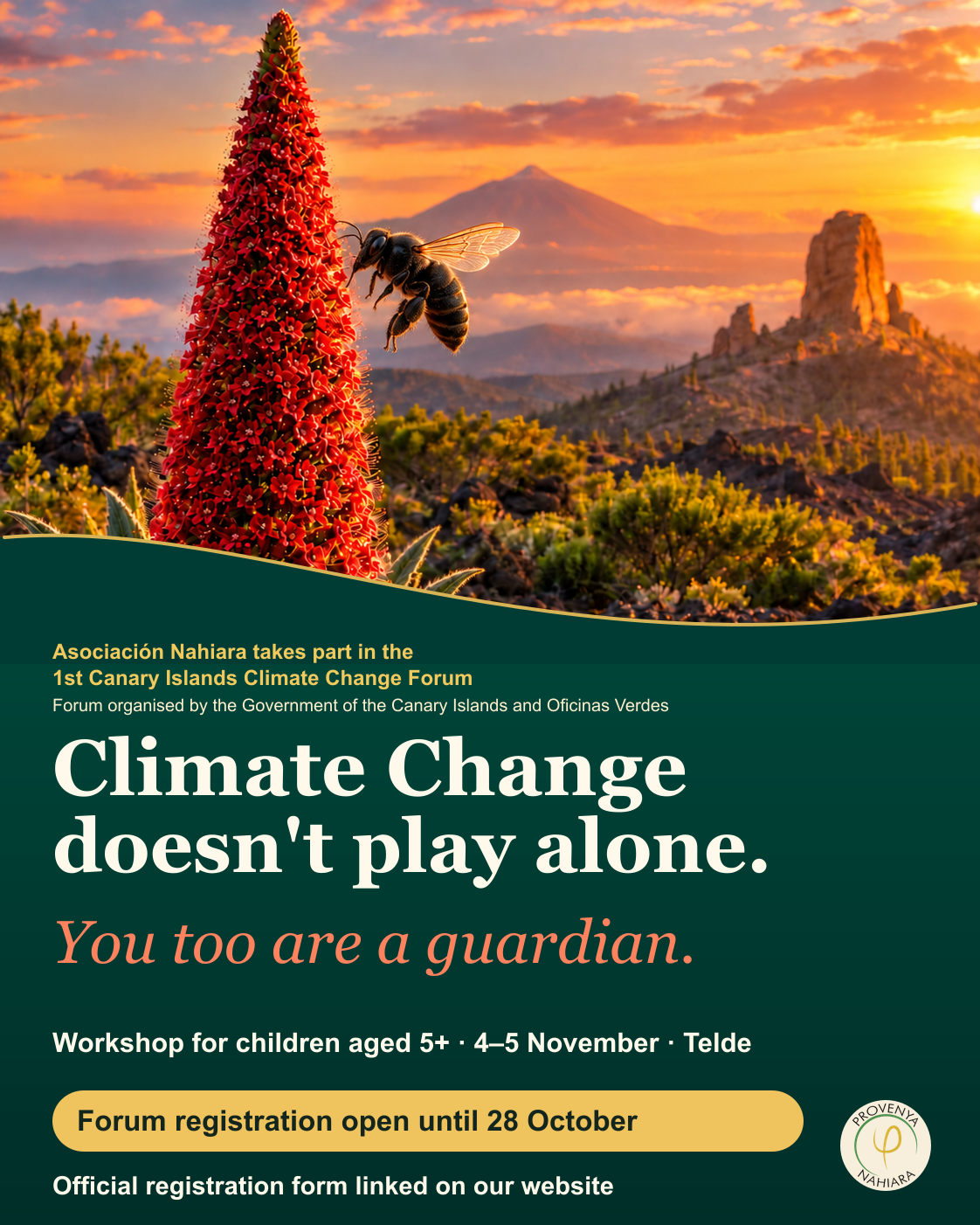Illustrated Nahiara poster with a red tajinaste, a dark bee, Mount Teide and Roque Nublo: children's climate change workshop on 4 and 5 November in Telde; register by 28 October