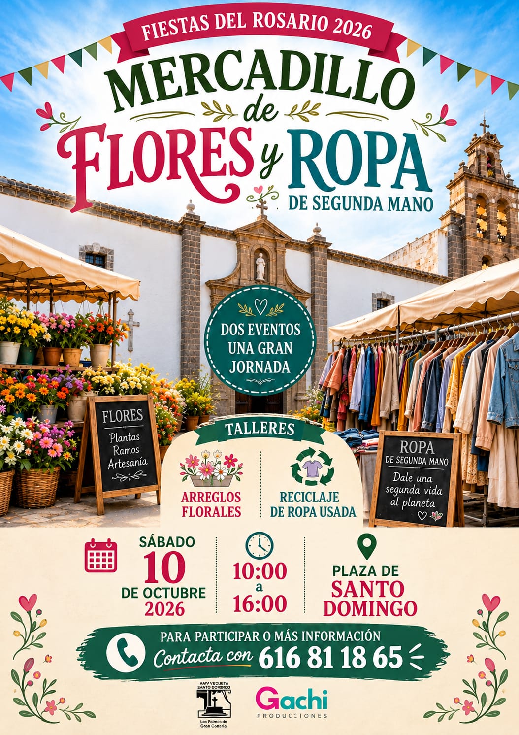 Mercadillo de ropa de segunda mano y arreglos florales